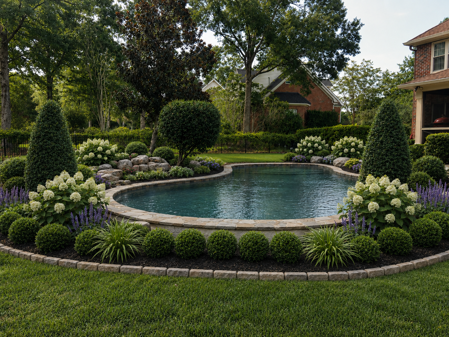 Completed poolside landscaping with lawn, plantings, and stone edging