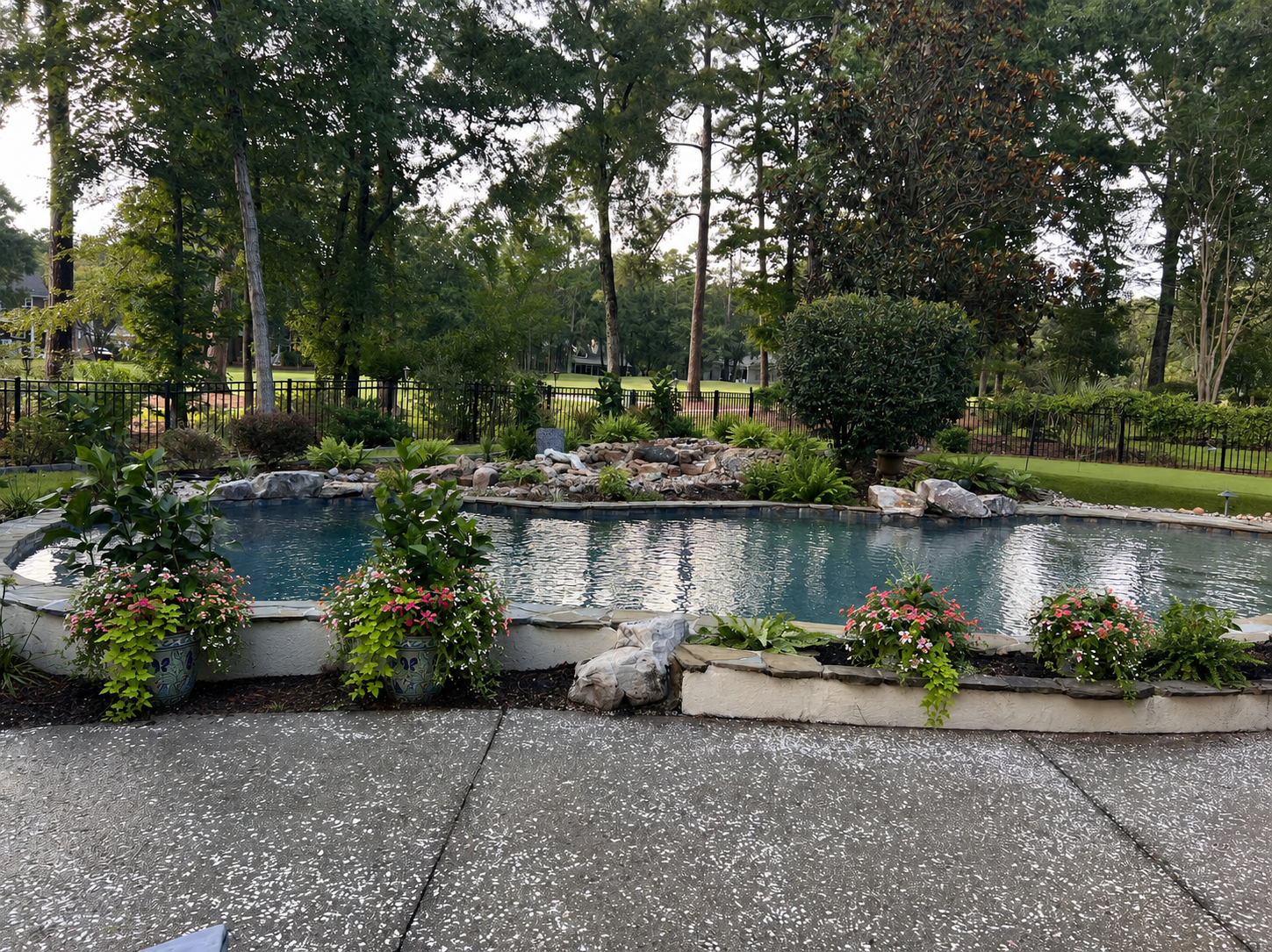 Completed BNC Landscaping backyard project with pool, lawn, plantings, and stone edging