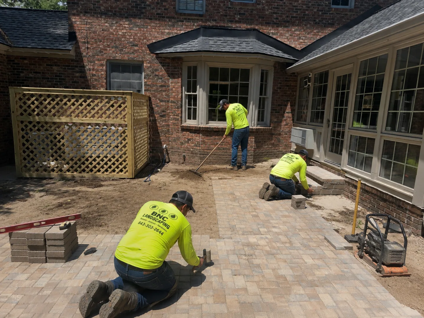BNC Landscaping crew installing a brick paver patio