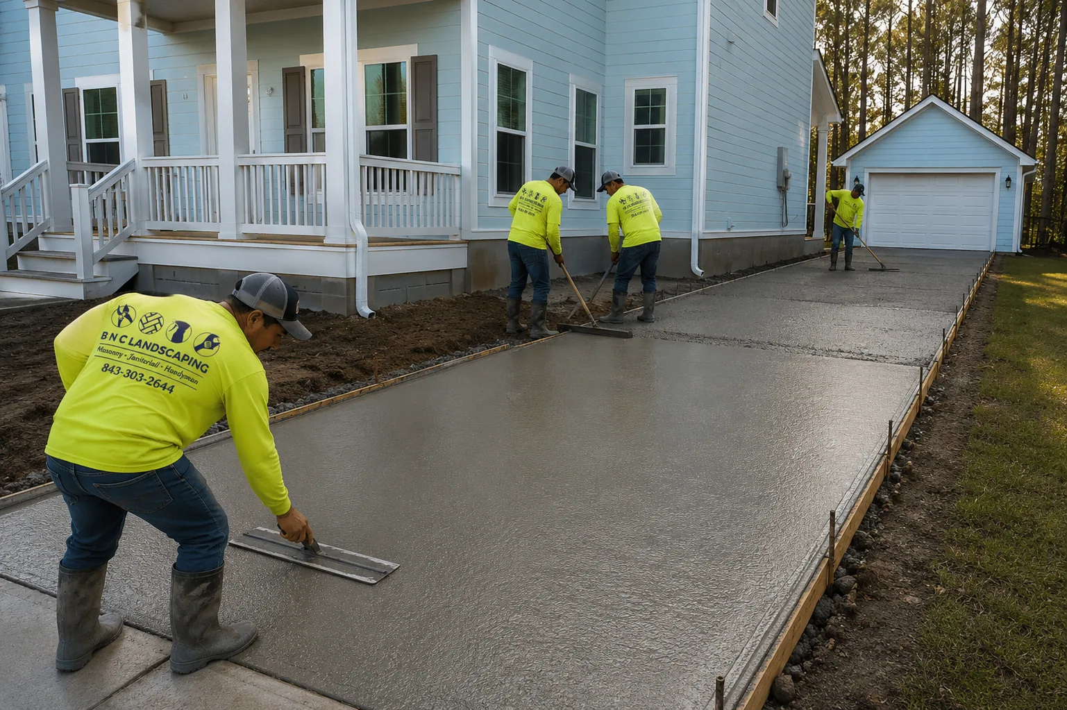 BNC Landscaping crew finishing a new concrete driveway