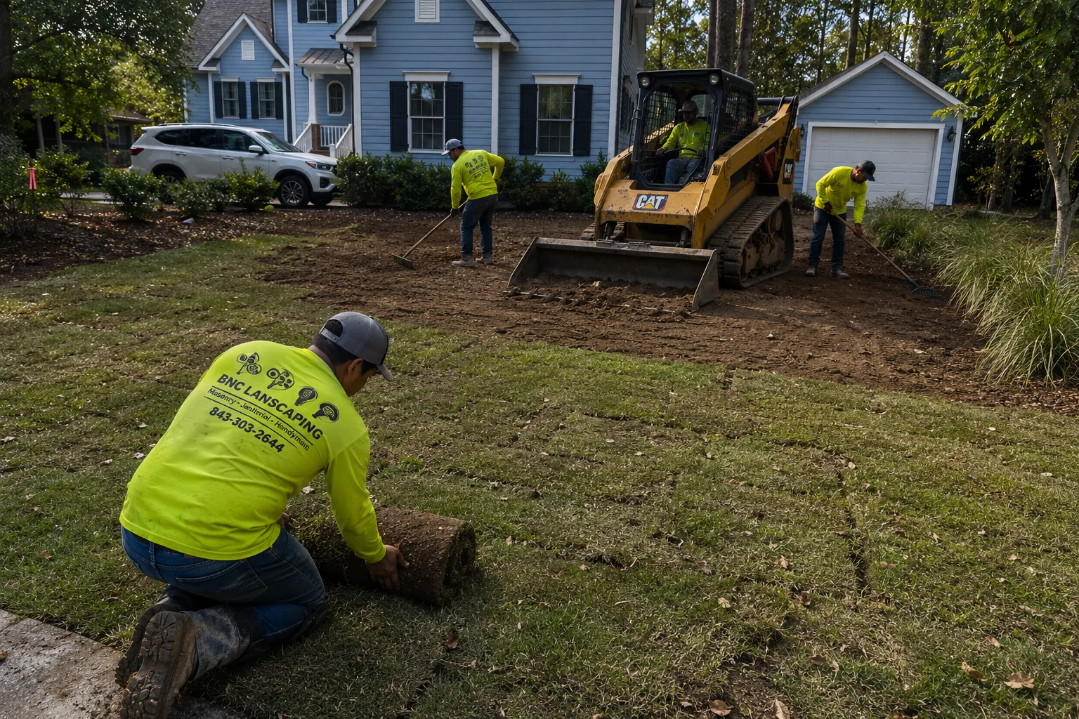 BNC Landscaping crew grading a residential yard before sod installation