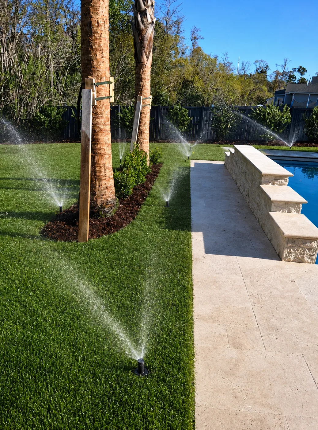 Automatic irrigation system watering a lawn beside a pool