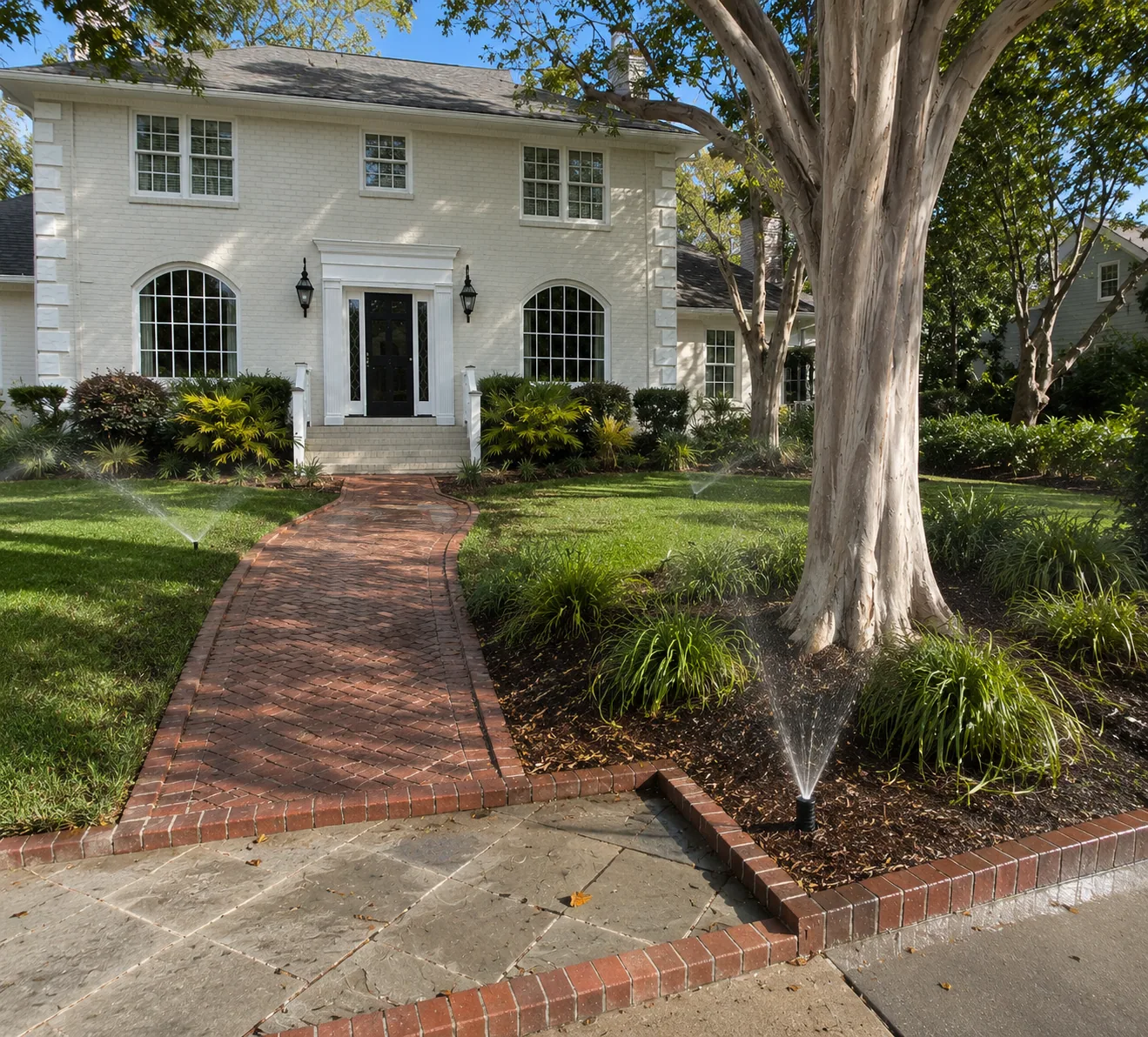Brick walkway, landscaping, and irrigation at a Charleston home