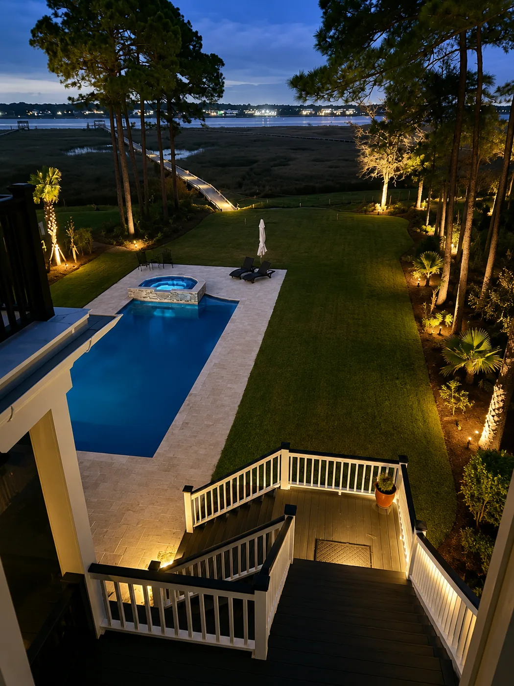 Pool and garden illuminated by professional landscape lighting