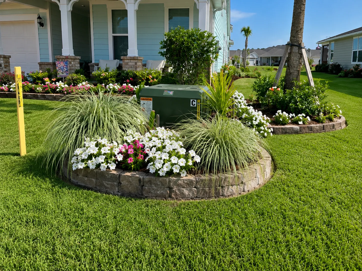 Finished residential landscaping installation with flowers, ornamental grasses, and stone borders
