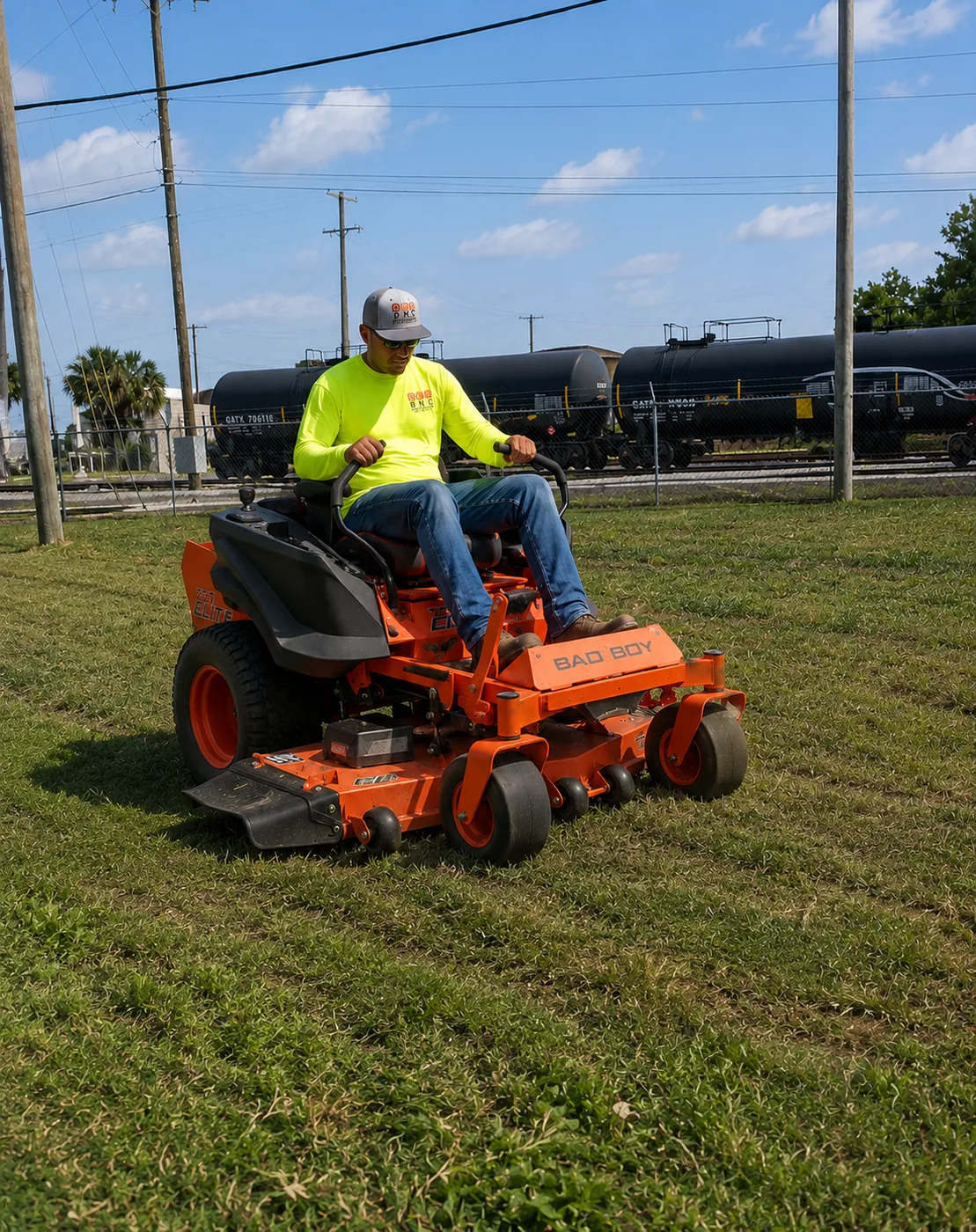 BNC Landscaping team member mowing a lawn