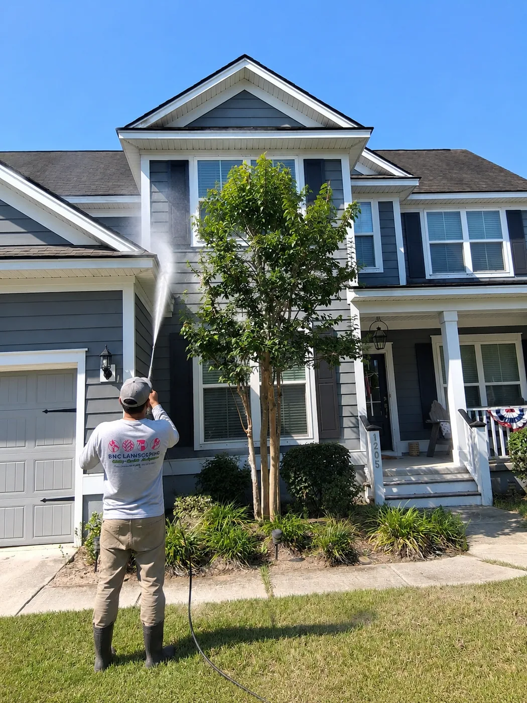 BNC Landscaping team member pressure washing a home exterior